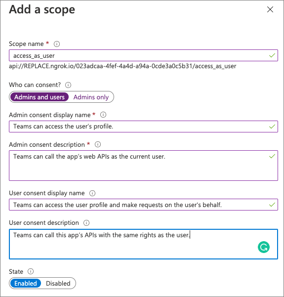 Screenshot of the add scope page.