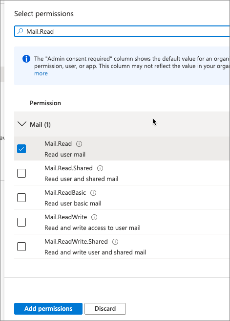 Screenshot adding the Mail.Read permission.
