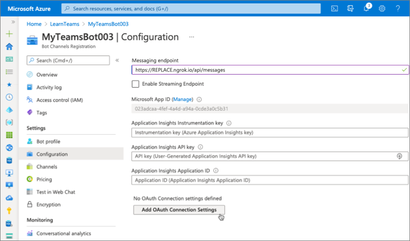 Screenshot of the bot configuration page.