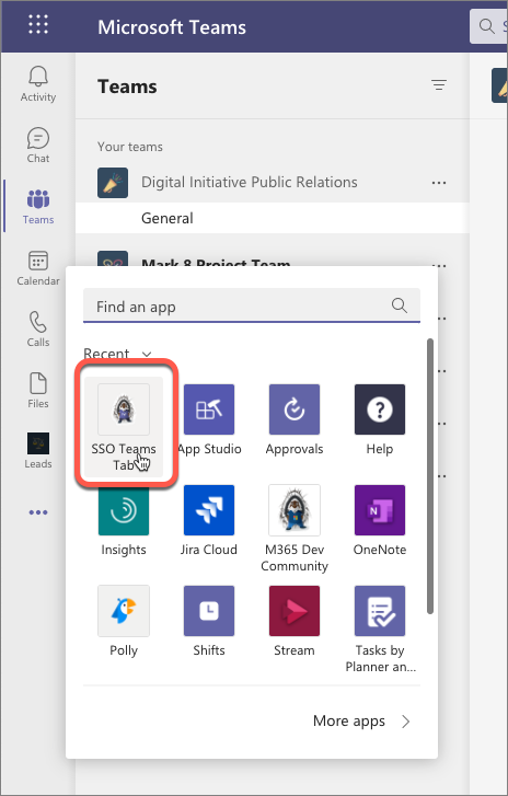 Screenshot of the installed Microsoft Teams app in the More added apps dialog.