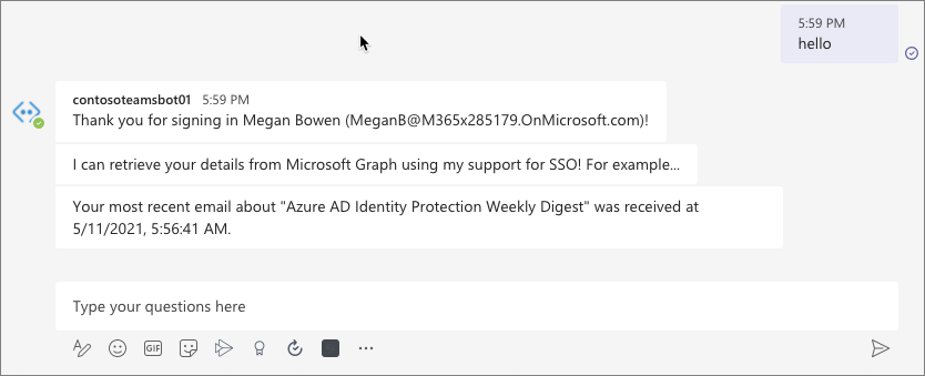 Screenshot of the bot displaying user details from Microsoft Graph.