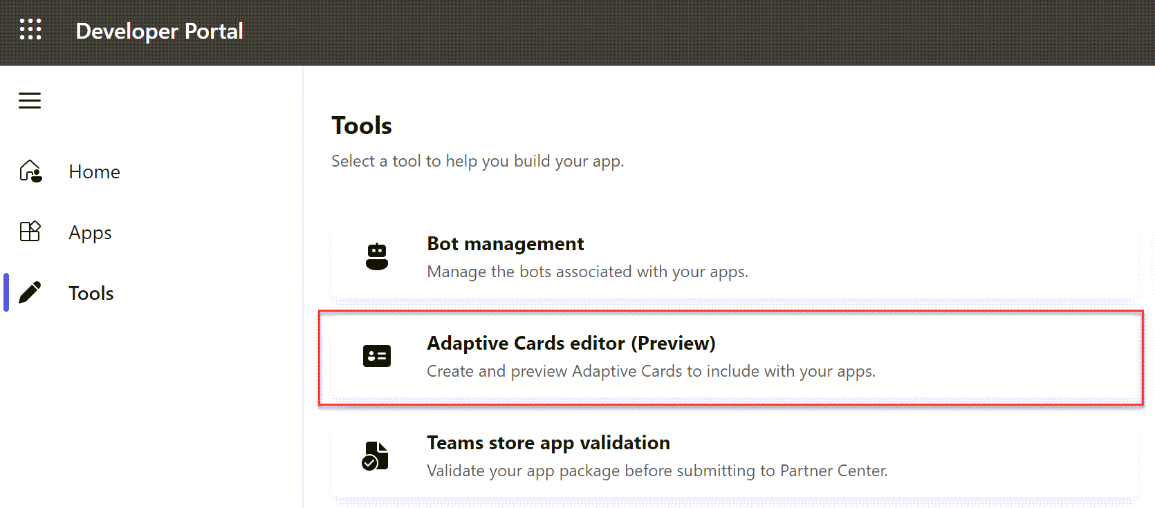 Screenshot of the Developer Portal highlighting the Adaptive Cards editor.