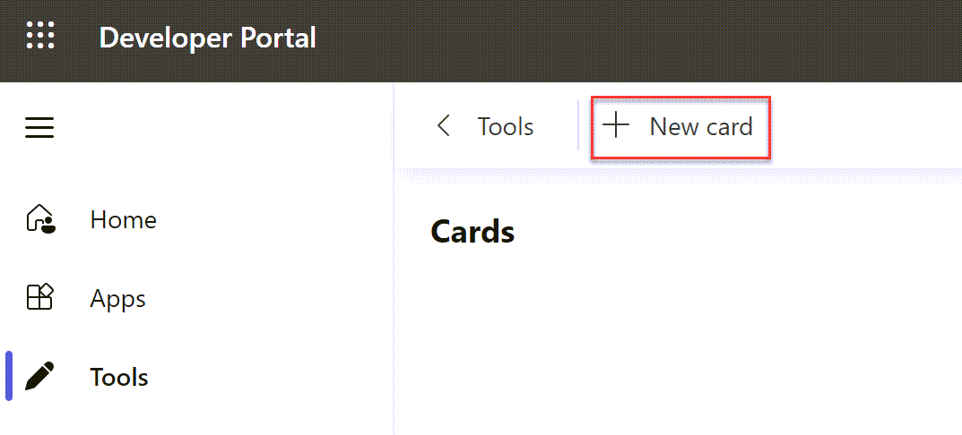Screenshot of the Developer Portal highlighting the New Card action.