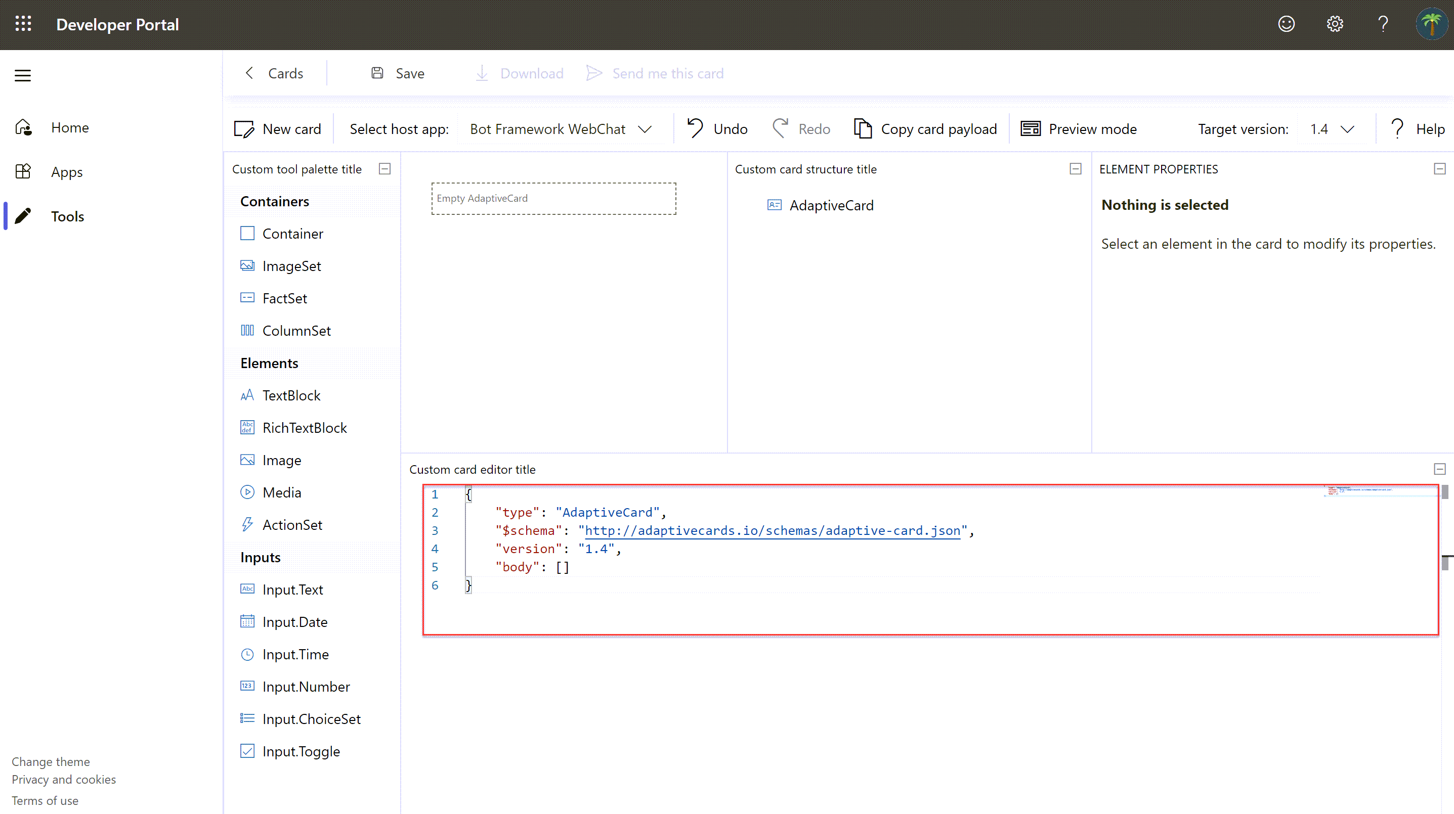 Screenshot of the Developer Portal Adaptive Card editor showing a blank card.