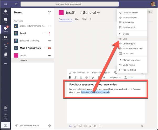 Screenshot of the new message experience in a Conversations tab - adding a link.