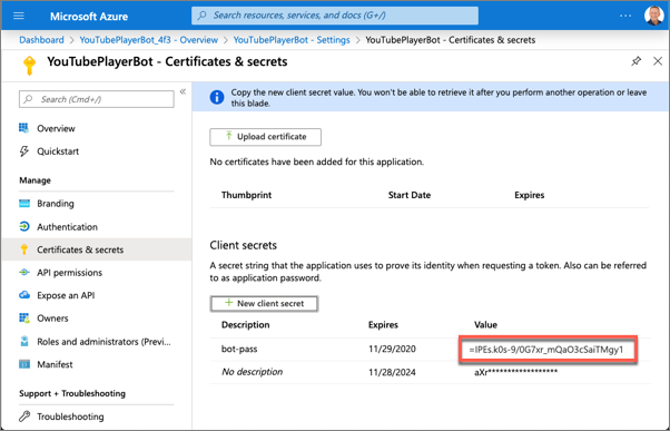 Screenshot showing the new secret.