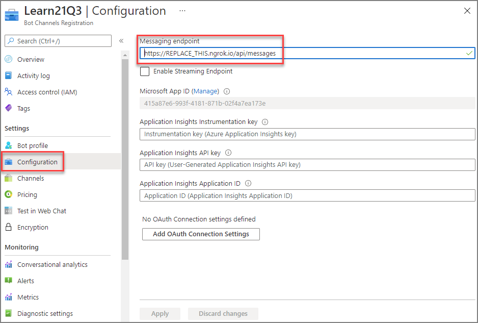 Screenshot of updating the messaging enpoint URL with the ngrok URL.