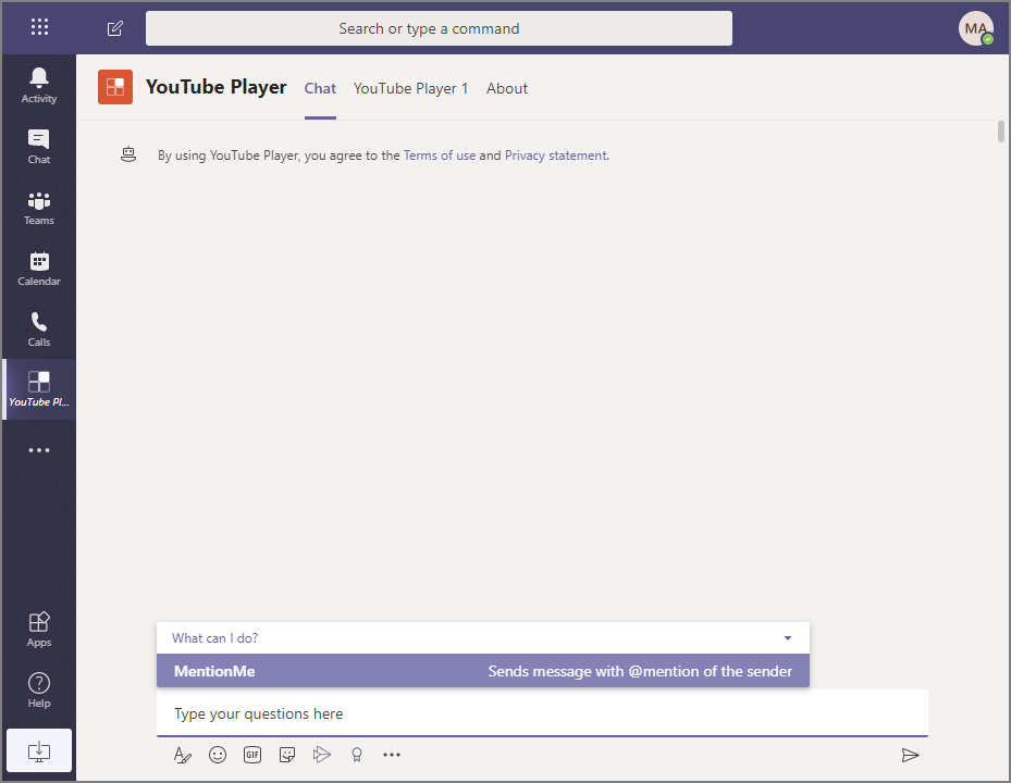Screenshot of the installed Microsoft Teams app personal tab.