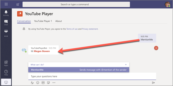Screenshot of the MentionMe bot action.