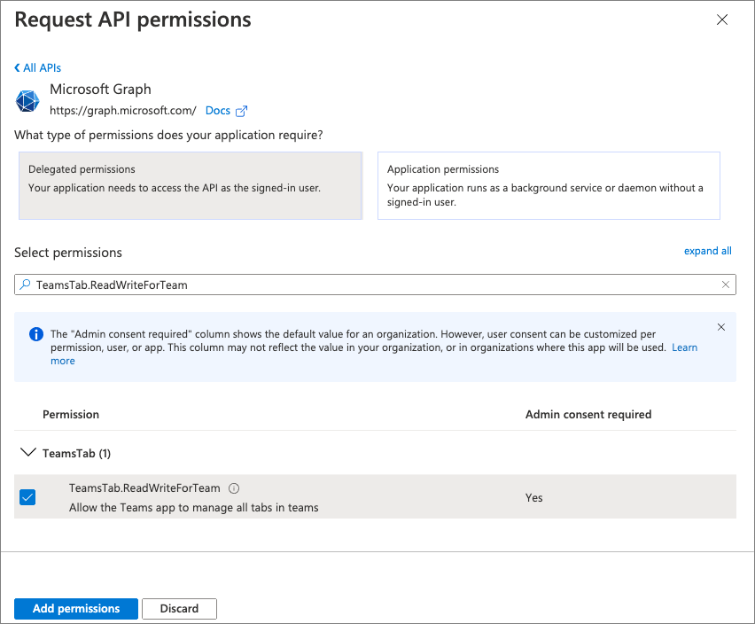 Screenshot adding a new permission to the app.