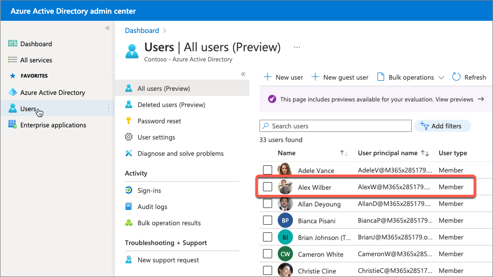 Screenshot of selecting a user in Azure AD.