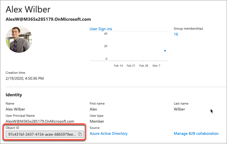 Screenshot of selecting the user's Object ID.