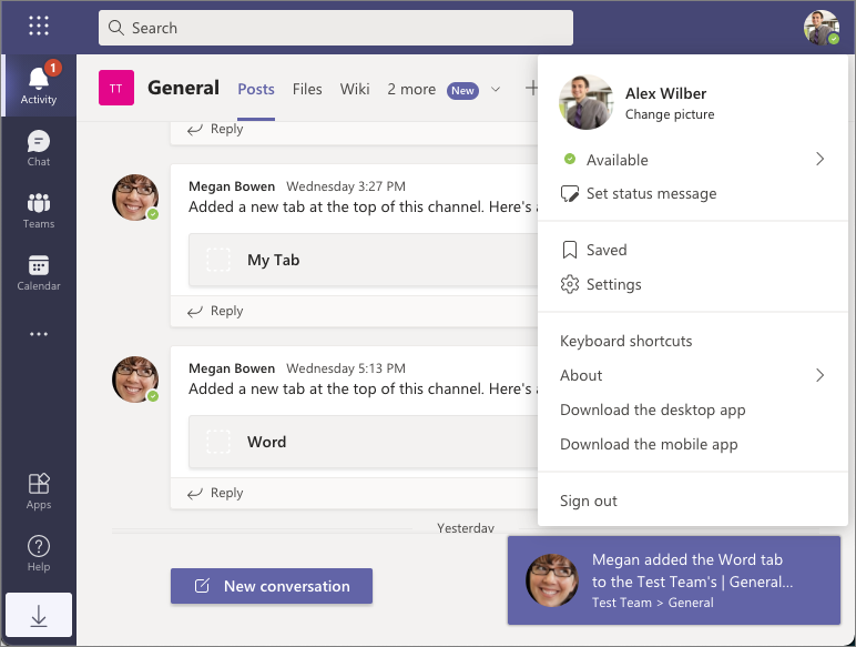 Screenshots of the notification to Alex.