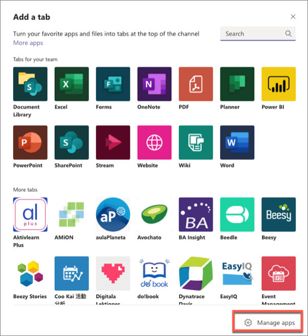 Screenshot of the Add a tab dialog.