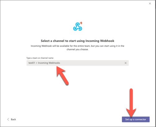 Screenshot of the incoming webhook configuration screen - step 1 - set up a connector.
