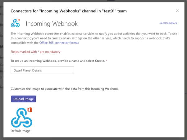 Screenshot of the incoming webhook configuration screen - step 2 - name the connector.