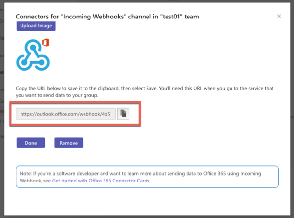 Screenshot of the incoming webhook configuration screen - step 3 - obtain connector endpoint.
